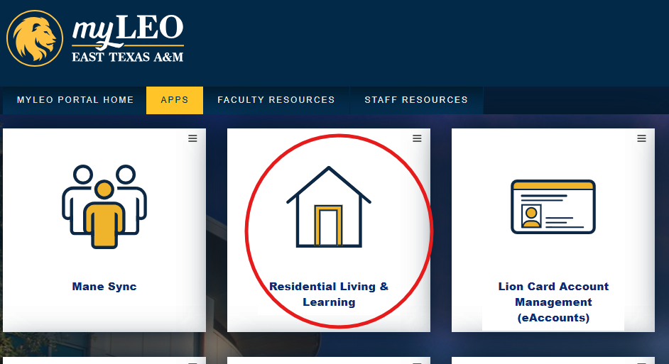 Myleo Apps page wthe Residential Living & Learning selected
